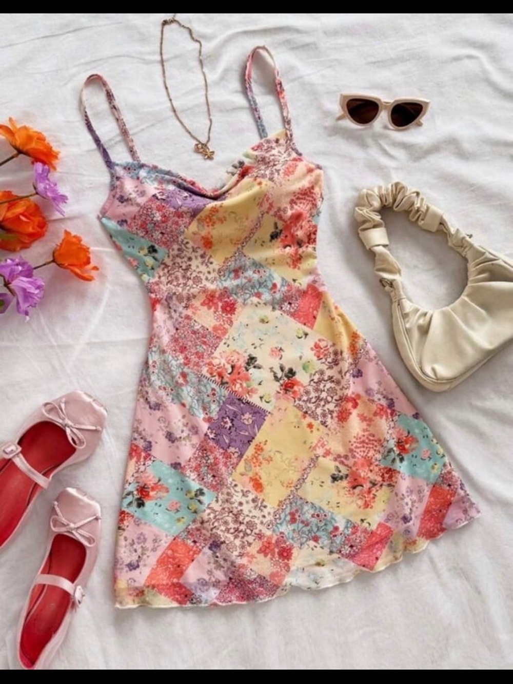 Sleeveless Patchwork Floral Slip Dress in Pastel Multi
